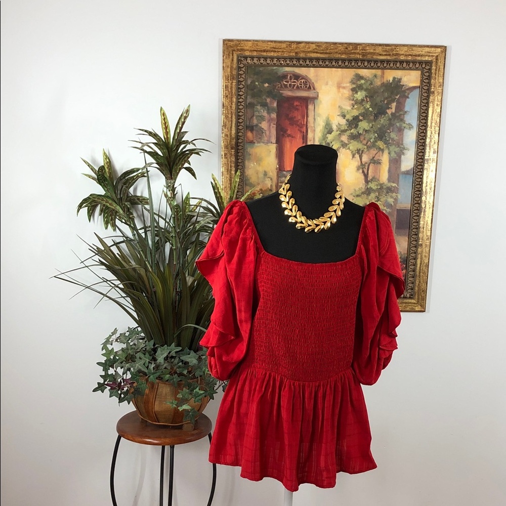 Elegant Red Women's Smoked Top Balloon Flutter Sleeve Off The Shoulder 1XL pleat